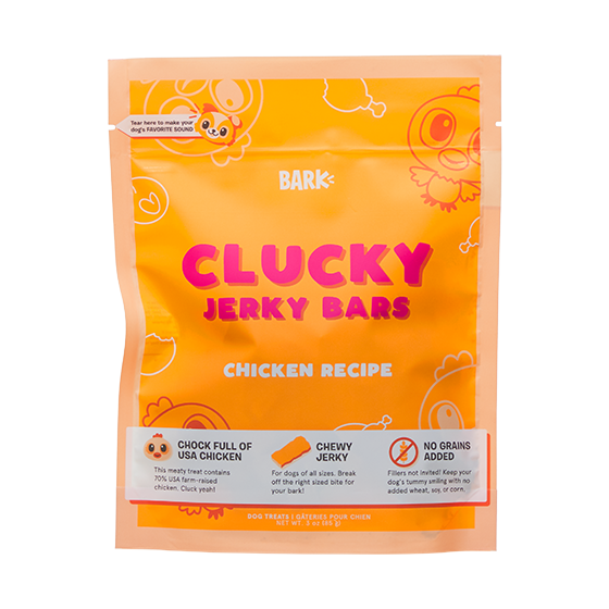 Photograph of BarkBox’s Clucky Jerky Bars product