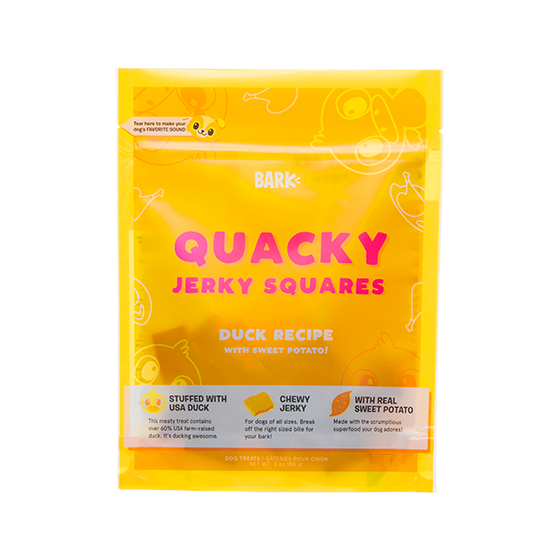 Photograph of BarkBox’s Quacky Jerky Squares product