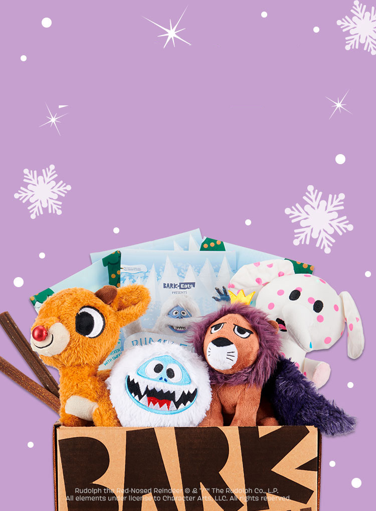 Photograph of Rudolph the Red-Nosed Reindeer® themed BarkBox toys and treats